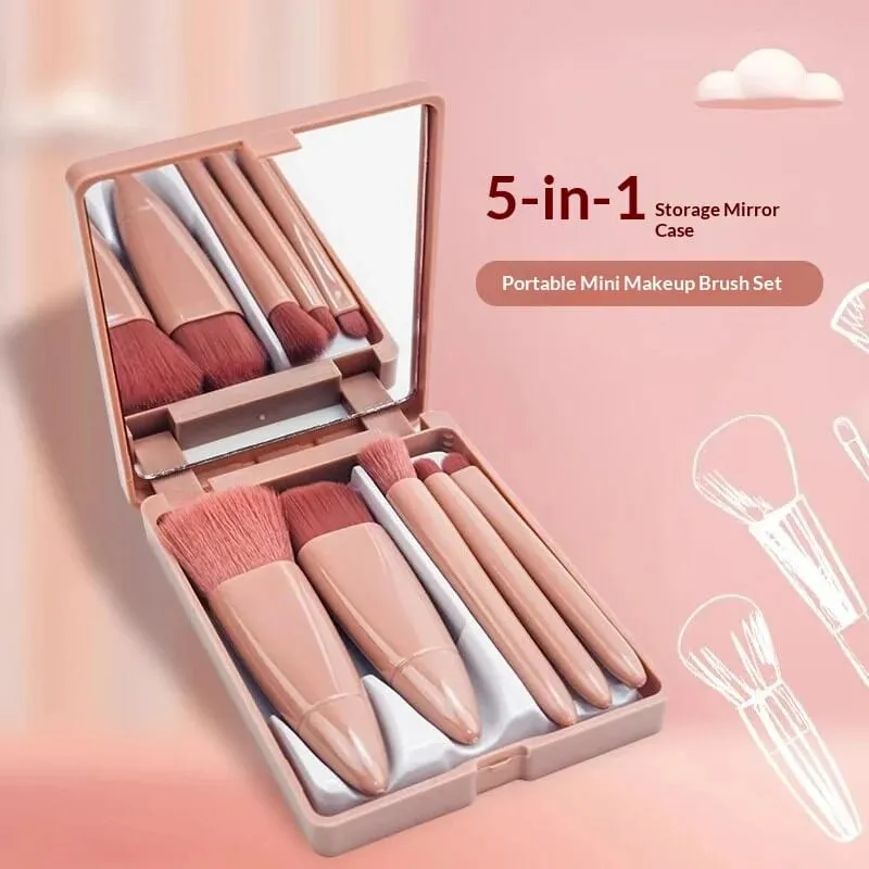 5Pcs Travel Makeup Brush Set Built-in Mirror Soft Fiber Portable Brushes Face Eye Lip Blending Daily Makeup Tools — image 1