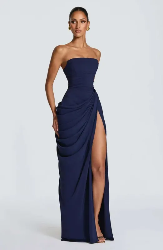 Elegant Yellow Strapless Pleated Dress Women Chic Sleeveless Waist Cinching Split Maxi Gowns Lady Evening Party Dresses 2026 New — image 8