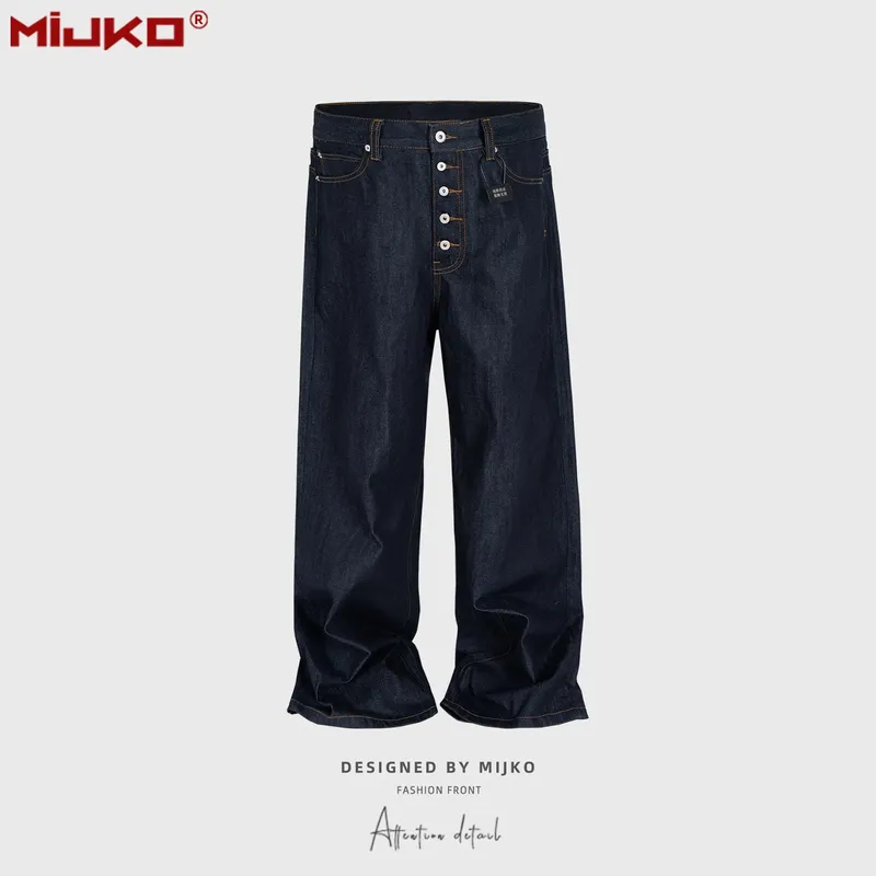 Men Women High Street Jeans American Retro Button Up Baggy Denim Dark Blue Original Vintage Casual Streetwear Trousers — image 6