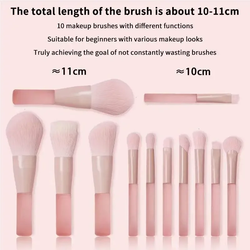 【B】10pcs Pink Handle Travel Makeup Brushes Synthetic Foundation Powder Eyeshadow Mini Makeup Brush Set