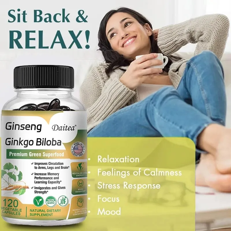 Premium Ginseng + Ginkgo - Nootropic Brain Supplement Hukommelse & koncentrationscirkulation & energiboost 120 kapsler