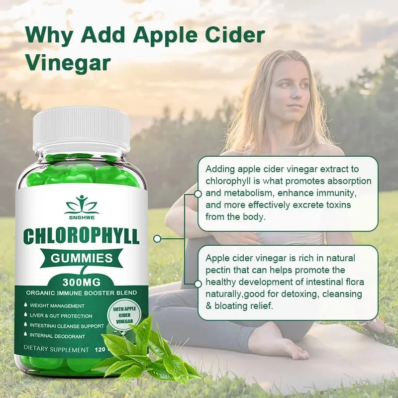 Chlorophyll-Gummis – mit ACV Vitamin D3 C E B12 – natürliches Deodorant, Energie, Stärkung des Immunsystems und Unterstützung der Verdauung, vegan, 60 Bonbons