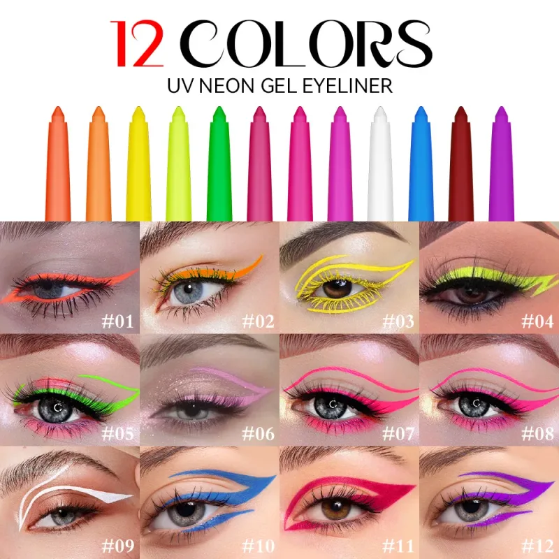 12-farbiger UV-fluoreszierender Eyeliner-Gelstift, wasserdicht, schnell trocknend, neonfarbener bunter Eyeliner, Weiß, Blau, Lila, Musik, Party, Augen-Make-up