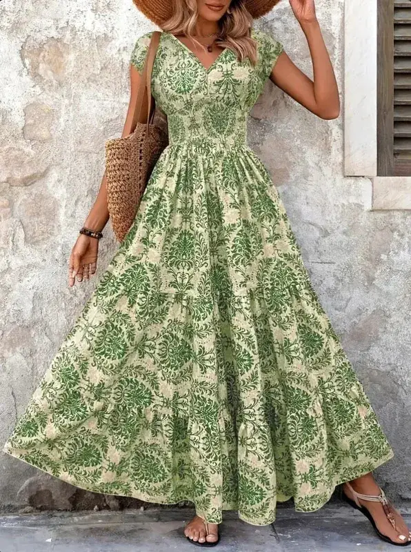 2026 Vintage Floral Print Dress Elegant V-Neck Short Sleeve Long Women's Fashion Retro Gown