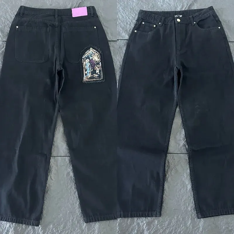 New DERSCHUTZE Unisex Jeans Loose Straight Leg Denim Pants Big Chinese Dragon Embroidery Retro Washed Black Street Trousers
