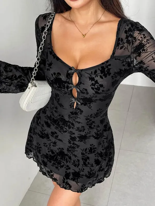 2026 Autumn New Women Floral Flocking Mesh Mini Dress Long Sleeve Square Neck Hollow Out Bow Tie Slim Bodycon Party Dresses — image 4