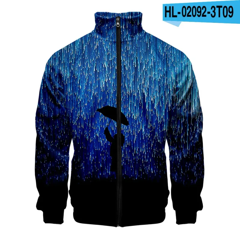 Harajuku Popular Rain 3D Print Zipper Raglan Jacket Windbreaker Boys/Girls Comfortable Stand Collar Jackets Coats