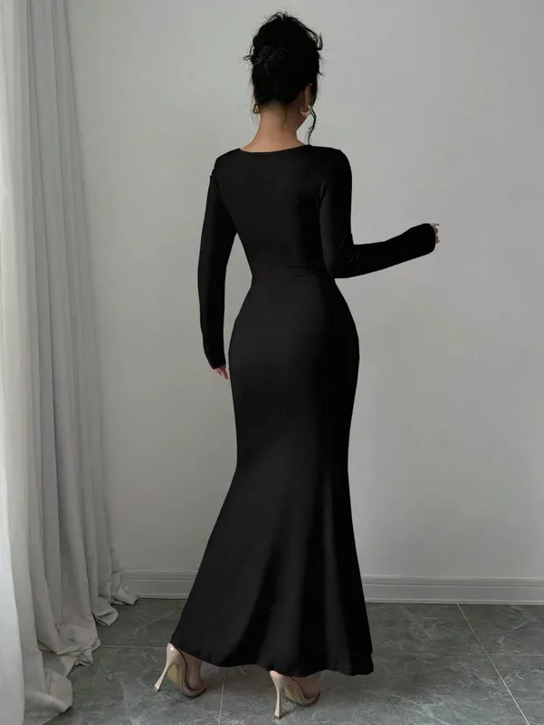 Women's Four Seasons New Style Women's Elegant Temperament Retro Solid Color Square Collar Long Sleeve Dress