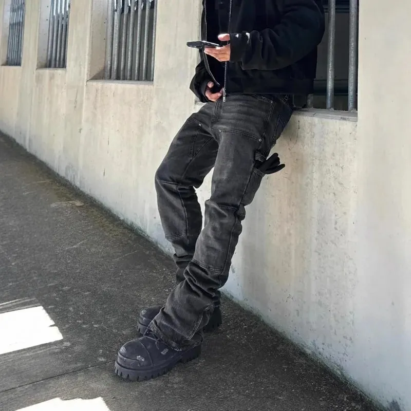 Bootcut Jeans Denim Pant Men Vintage Washed Distressed Mid Waist Slim Fit Trousers Y2k Streetwear Work Casual Splice Summer 2026