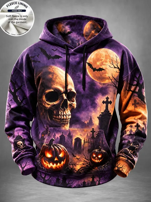 Men Fleece Lined Hoodie Halloween Skull Graveyard Pumpkin Print Pullover Hooded Sweatshirt Top