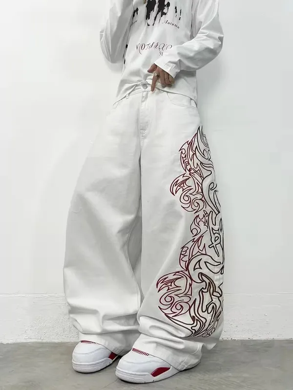 Unisex White Red Tribal Flame Print Loose Wide Leg Jeans Y2K Grunge Streetwear Oversized Denim Pants