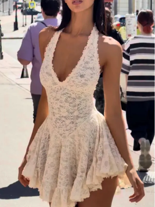 Ivory White Halter‑Neck Lace Mini Dress Women Deep V‑Neck Backless Fitted Waist Flared Hem Vestido Birthday Date Holiday Gown — image 2