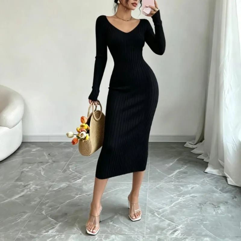 Women Solid Color V‑Neck Ribbed Knit Maxi Sweater Dress Elastic Long Sleeve Bodycon Dress Ladies Casual Party Fashion Dresses