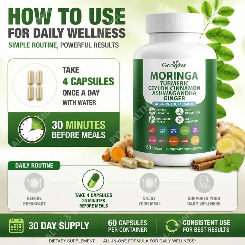 Googeer Moringa Turmeric Capsules All-in-one for Joint Health Support with Ashwagandha Ginger and Ceylon Cinnamon 60 Capsules