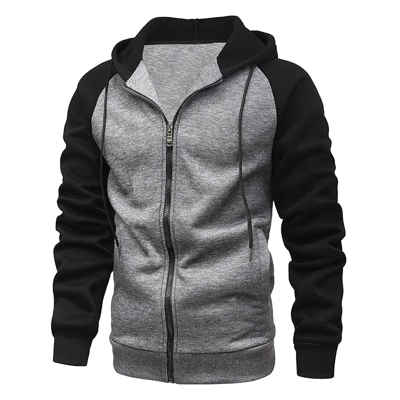 Men's Fleece Hoodies Long Sleeve Sweatshirts for Men Zipper Hooded Mens Fashion Color Blocking Sweatshirt Slim Fit Jacket Coat
