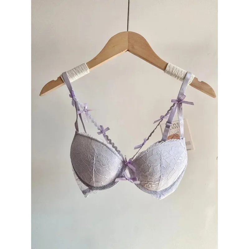セクシーな Women Party Wedding Red Bow Lace Underwear Lingerie Set Push Up Bra Panty Small Chest Gathered Intimate Suit S-XL A-C CUP