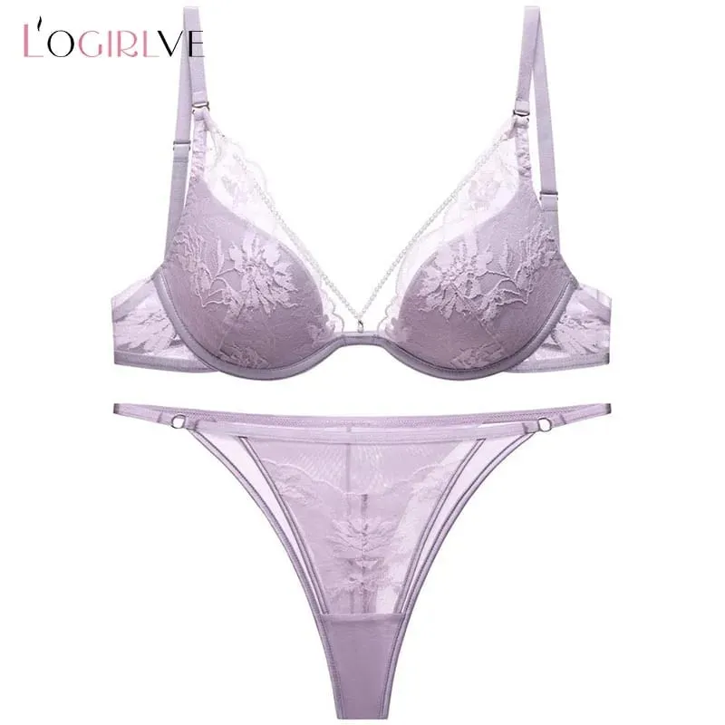 Logirlve French Thin Women Lingerie Set Sexy Satin Lace Splicing Comfort Bras Print Temptation Bra and Thong Sets Underwear