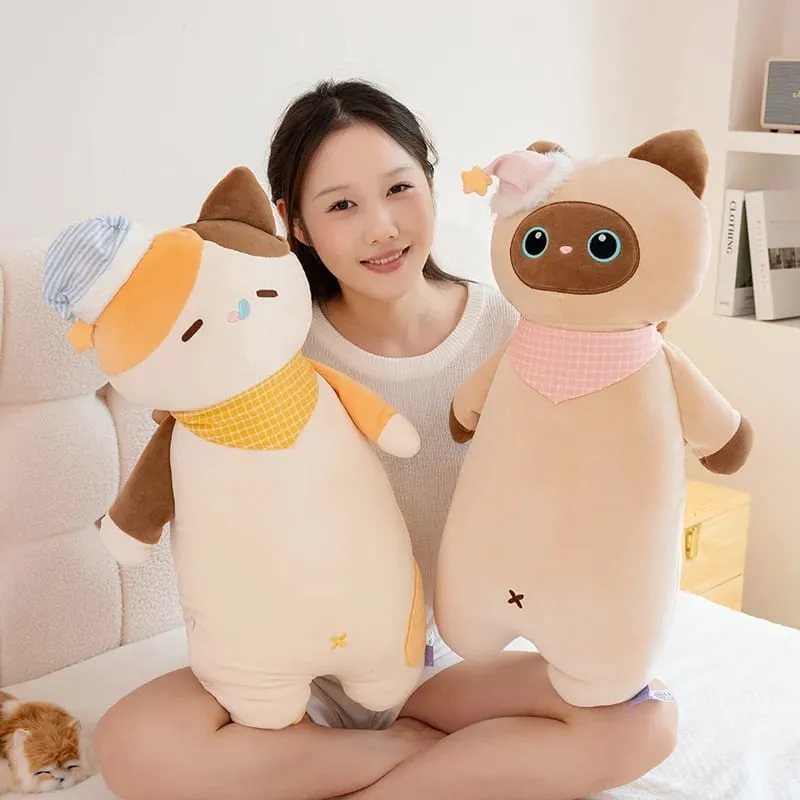 58cm Cute Sweet Dream Good Night Cat Throw Pillow Three Flowers Siam Coal Briquette Cat Doll Soft Stuffed Friend Gift