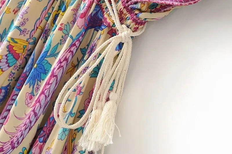Boho Queens mujeres Pavo Real estampado Floral manga murciélago playa bohemio Maxi Vestidos señoras cuello en V borla vestido de verano Vestidos