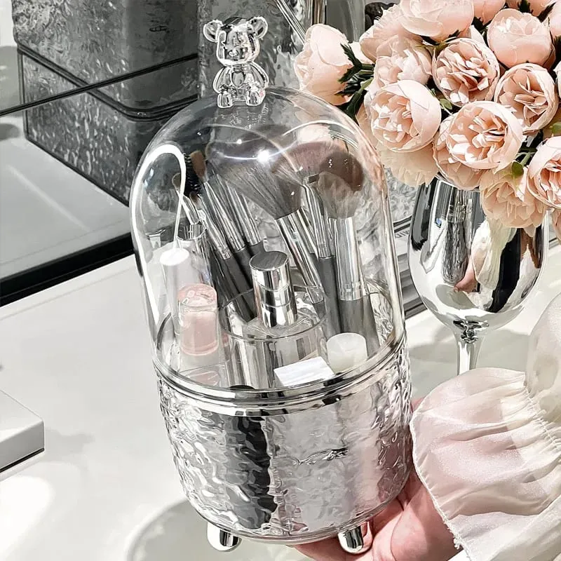 360° Rotating Makeup Brushes Holder Portable Desktop Cosmetic Organizer Dustproof with Cover Lipstick Perfume Clutter Organizer