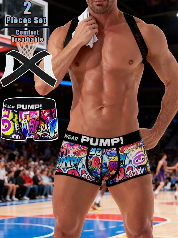 Men's 2-Piece Graffiti Print Boxer Brief & Shoulder Strap Set - "WEAR PUMP!" Logo, Comfort Breathable Athletic Underwear — image 1
