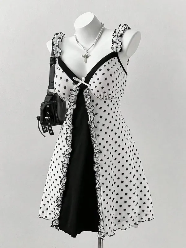 Plus Size Y2K Polka Dot Dress Ruffle Trim Bow Front Cami Mini Dress Sexy Sweet Coquette Style Party Dress for Women