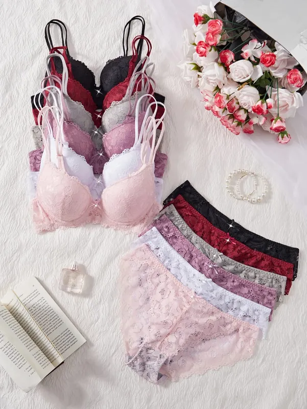 6-Piece Solid Women's Underwear Set Floral Lace Push Up Bra Sexy Hollow Out Panties Comfortable Lingerie Set