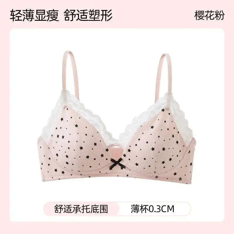 Womens Polka Dot Star Lace Wireless Bra Thin Push Up Anti Sag Bralette Small Chest Lift Teen Girls Casual Everyday Brassiere Hot