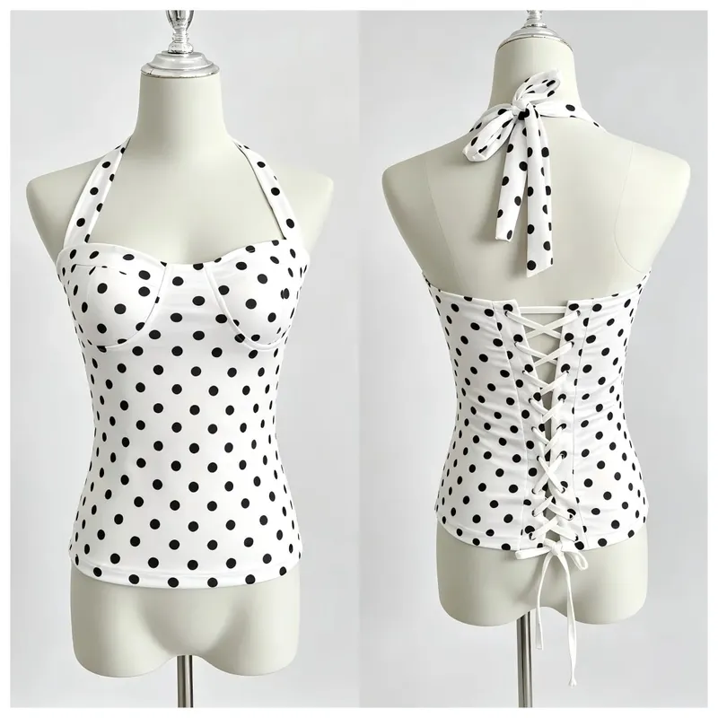 Women's Polka Dot Ruched Back Bodysuit-style Retro Tie-up Strappy Top Sweet Y2K Party Streetwear Ladies Top