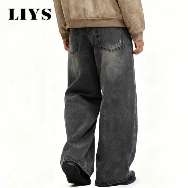 Men's American Retro Gray Baggy Wide Leg Jeans Daily Business Casual Loose Straight Leg Denim Pants Four Seasons Men's Clothes