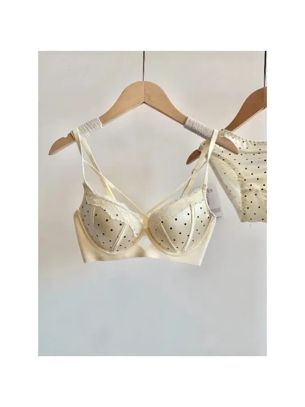 Women Sexy French Lace Push Up Bra Set Polka Dot Small Cup Shaping Sweet Lingerie Breathable Underwear Daily Dating Nightwear