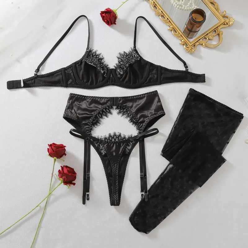 Ellolace French Women's Lingerie Sets Elegant Eyelash Lace Patchwork Bra Belt Thong Stockings Sensual Intimates Daily Underwear