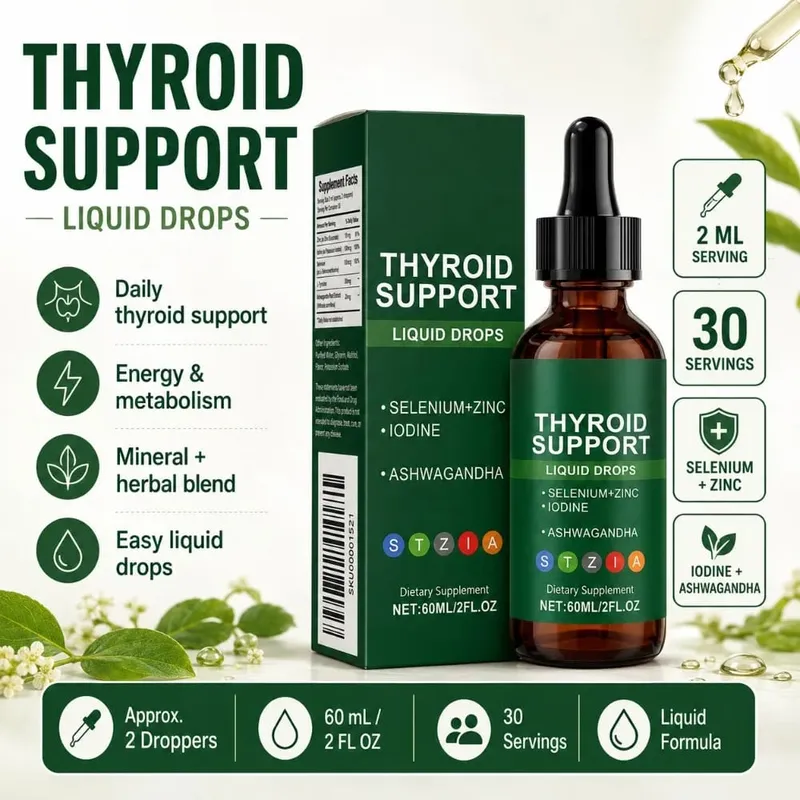 Docteat Thyroid Support Liquid Drops Selenium Zinc Iodine L-Tyrosine Ashwagandha 60ml 30 Servings For Men & Women Daily