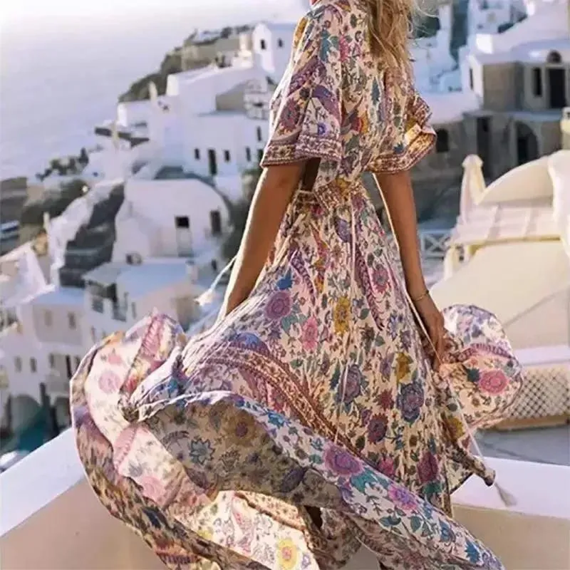 Boho Queens mujeres Pavo Real estampado Floral manga murciélago playa bohemio Maxi Vestidos señoras cuello en V borla vestido de verano Vestidos
