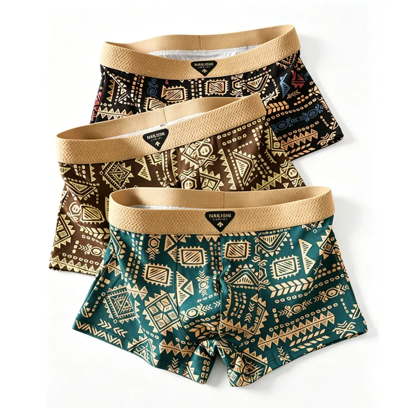 3 pièces/ensemble mode hommes sous-vêtements hommes rétro imprimé géométrique Boxer slips doux respirant taille moyenne sous-vêtements confortables Shorts