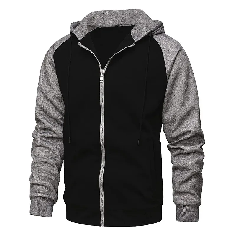 Men's Fleece Hoodies Long Sleeve Sweatshirts for Men Zipper Hooded Mens Fashion Color Blocking Sweatshirt Slim Fit Jacket Coat