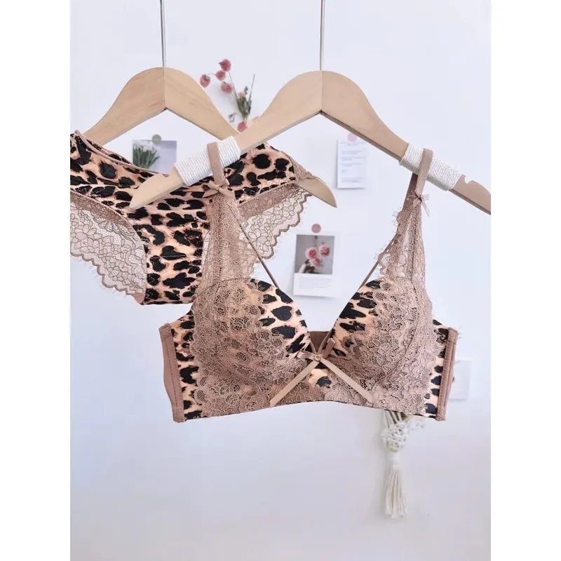 Leopard Print Cross Bust Push Up Bra Set 32‑38 Wireless Seamless Anti Sag Comfort Sexy Lingerie For Small Breasts