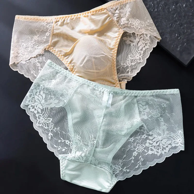 1pc Men Lace Seamless Ice Silk Briefs Ultra-thin Underwear 3D Bulge Pouch Low Waist Gay Panties Breathable High Elastic Lingerie