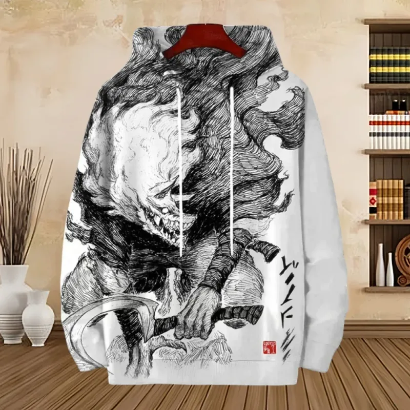 Fuji Mountain Lake Scenery Black Cat Graphic Hoodie Men Pullover Hooded Sweatshirt