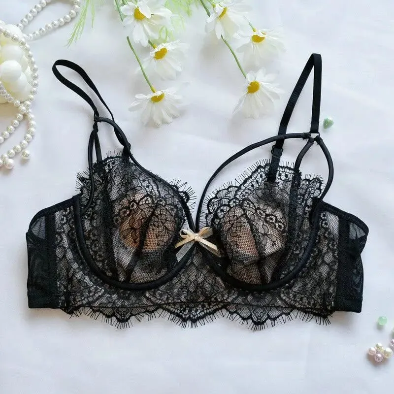 Korean Hot Trend Pure Desire Lace Bra Set Underwire Thin Cup Push Up Large Bust Visually Small Anti Droop Lingerie 32-38 Hot — image 10