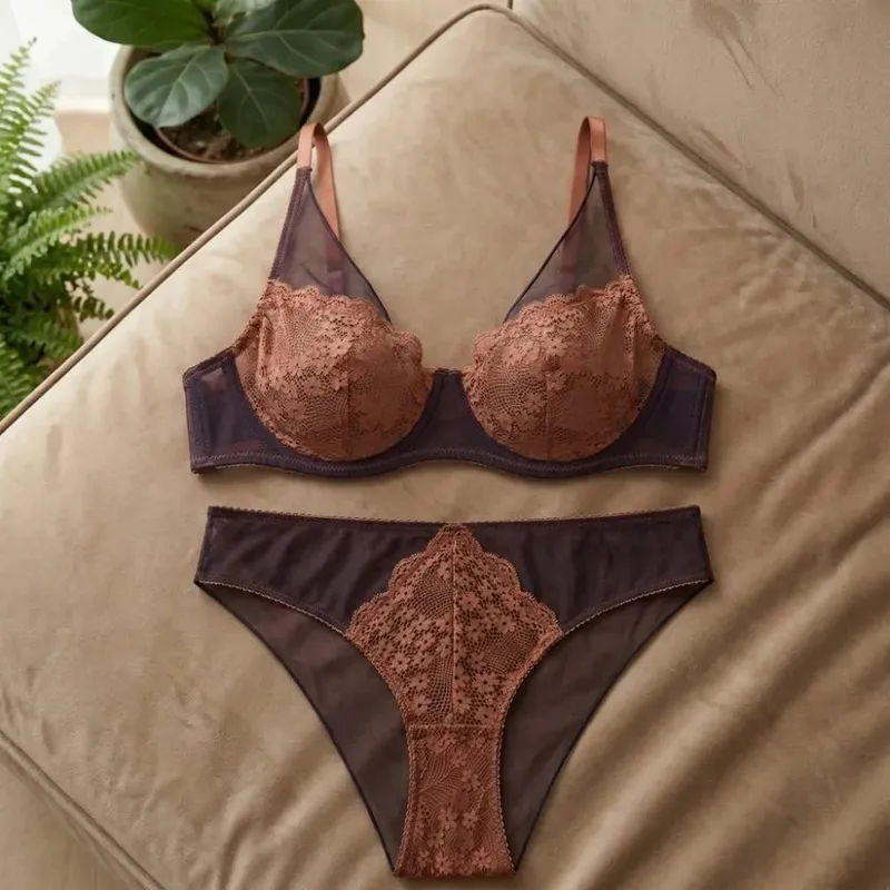 Mesh Lace Flower Bra Set Lingerie Underwear Push Up Bra Women Seamless Brassiere Mesh Bra Panties Kit Romantic Evenings