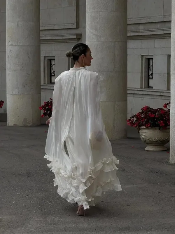 Ivory Sleeveless Ruffled Hem Maxi Dress Women Flowy Solid Cloak Long 2026 Spring Summer Fashion Vacation Leisure Lady Vestidos