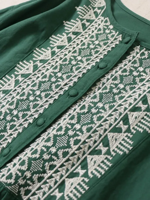 Ele Embroidered Cotton Lin Long Sve Dr Loose Fit A-Line Silhouette Maxi Skirt for Autumn Season Women's Faion