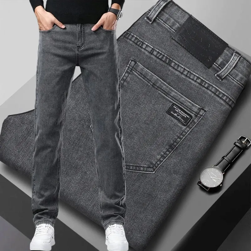 Men's Slim Jeans Korean Fashion Elastic Straight Casual Denim Pants Comfortable Work Male Spring Autumn Trousers Black Gray