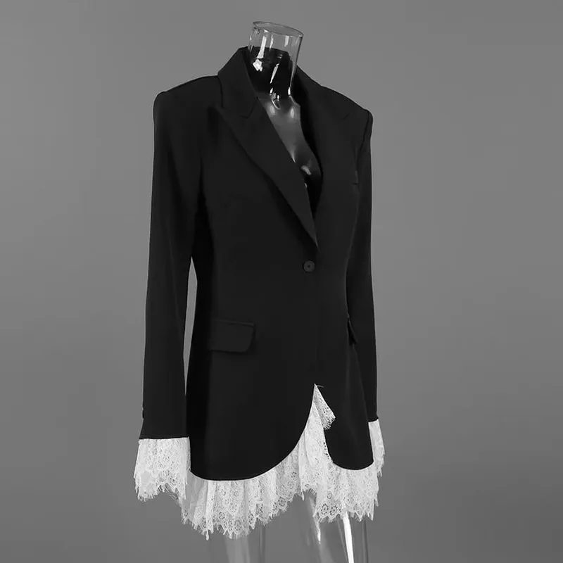 2026 Autumn New Sexy V-Neck Lace Patchwork Black Dress Elegant Temperament Long Sleeve Blazer Short Dresses Women Clothing — image 4