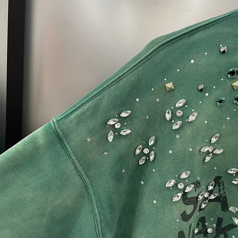 26FW Heavy Fabric Cotton Loose Rhinestone Rivet Satoshi Nakamoto Sweatshirts Men Women Vintage Charcoal Gray Green Pullovers — image 16