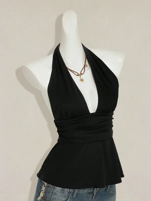 Halter Neck Tie Back Peplum Top Deep V Neck Ruched Waist Sleeveless Open Back Streetwear Party Clubwear For Women