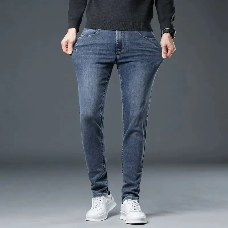 New Autumn/winter 2025 Stretch Wash Jeans for Young Men with Small Straight Elastic WaistJeans Pants Fashion Men's Trousers