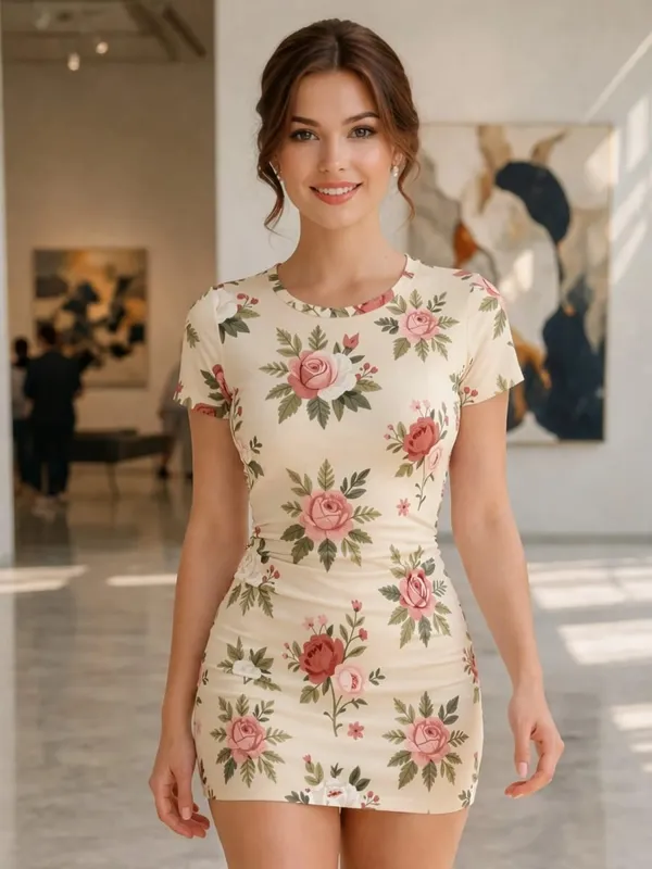Womens Short Sleeve Bodycon Mini Dress Slim Fit Crew Neck Floral Print Casual Summer Party Cute Elegant Modern Clubwear Sundress