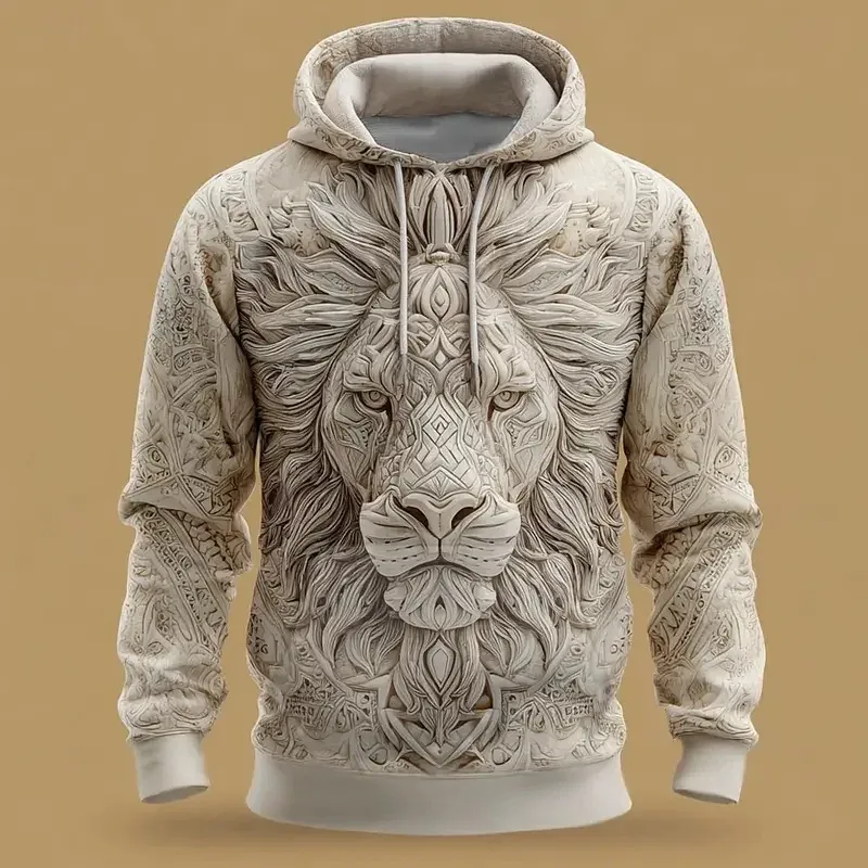 2026 Fall Winter Men's Vintage Animal Lion 3D Prints Hooded Hoodies Sweatshirt Long Sleeve Crew Neck Streetwear Drawstring Tops